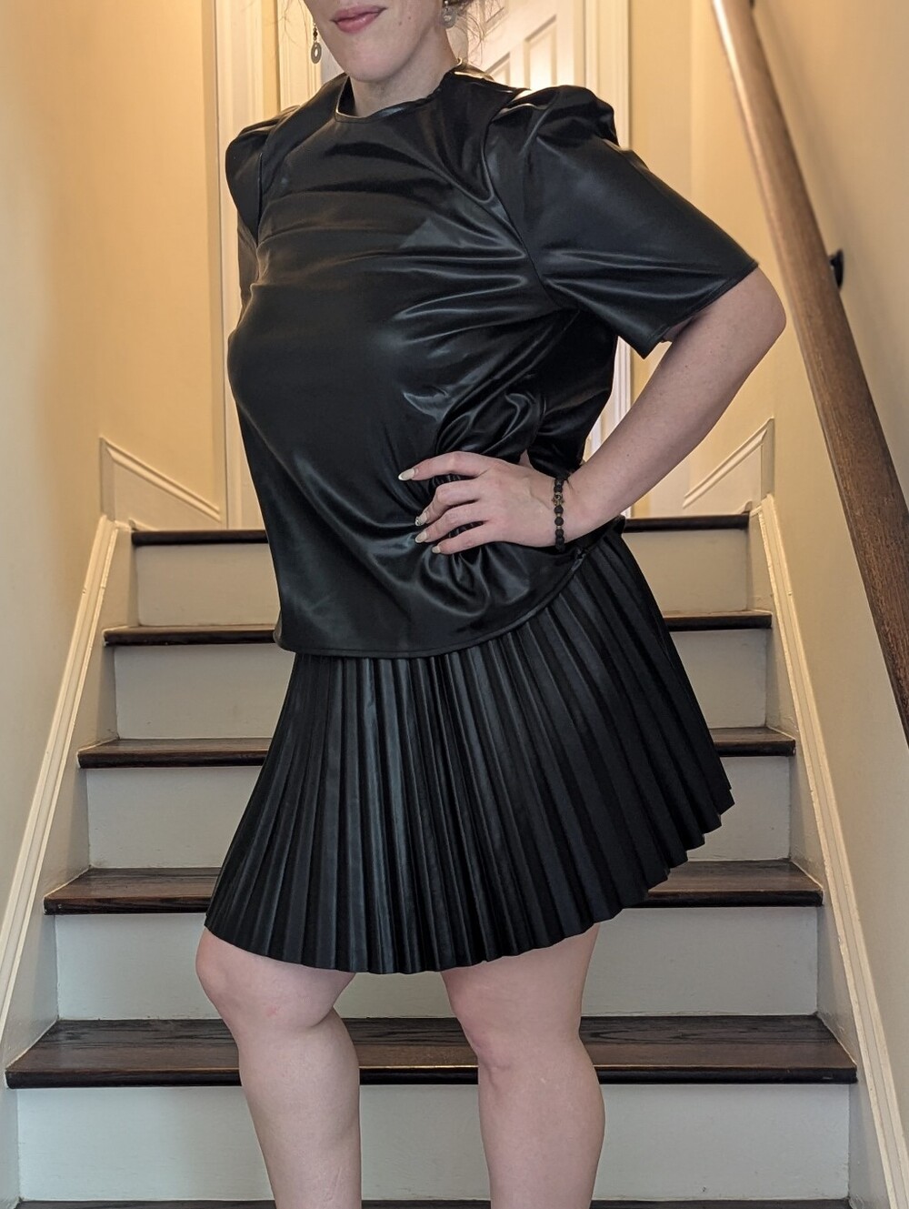 Black Faux Leather Short-Sleeve Women's Top